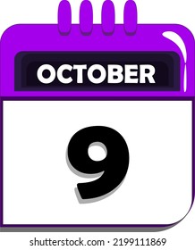 9 de octubre. calendario con fecha número nueve, noveno día de octubre, mes de octubre