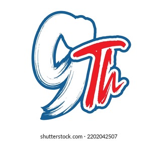 9th Ordinal Number counting vector art illustration with stunning font on red trim blue on white background