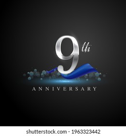 9th silver anniversary logo with blue ribbon isolated on elegant background, sparkle, vector design for greeting card and invitation card.