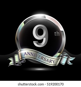 9th silver anniversary logo, vector celebration design with ring and ribbon.