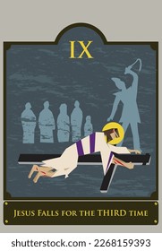 9th Station. The Way of the Cross  or via Crucis. Traditional Version. Jesus falls for the third time. Editable Clip Art.