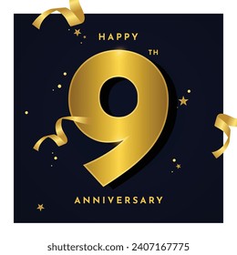 9th Year anniversary celebration background. 3D Golden numbers with bent ribbon, confetti