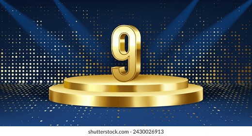 9th Year anniversary celebration background. Golden 3D numbers on a golden round podium, with lights in background.