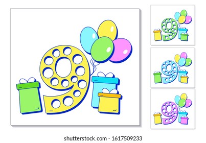 9th year anniversary celebration card. Greeting card with number 9, colorful balloons and gifts. Set of different color cards for boy or girl