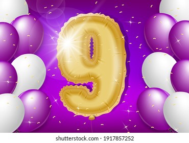 9th year anniversary design with balloons and shiny confetti, design elements for banner, postcard, poster and invitation card. Realistic 3d vector
