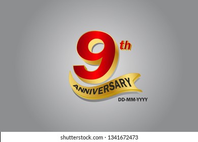 9th year anniversary Golden ribbon celebration logotype. anniversary logo with Red and Gold color isolated on grey background, vector design for celebration, invitation card - vector