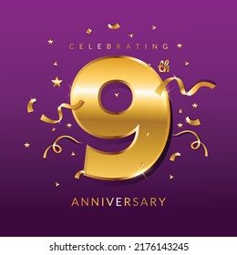 9th year anniversary vector banner template.birthday celebration banner with confetti.