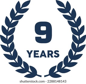 9th Year Anniversary Vector EPS, displaying '9' and 'YEARS' for a ninth milestone. Laurel leaves embellish this flexible emblem, ideal for projects celebrating nine years of achievements and growth