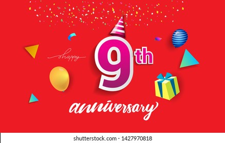 9th Years Anniversary Celebration Design, with gift box and balloons, ribbon, Colorful Vector template elements for your birthday celebrating party.