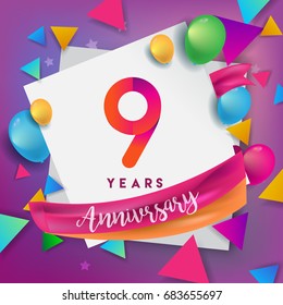 9th Years Anniversary Celebration Design, balloons and ribbon, Colorful design elements for banner, invitation, greeting card your nine birthday celebration party.