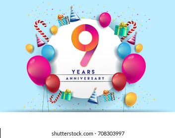 9th years Anniversary Celebration Design with balloons and gift box, Colorful design elements for banner and invitation card.