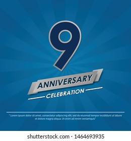 9th years anniversary celebration emblem. anniversary elegance silver logo isolated with ribbon on blue background, vector illustration template design for celebration greeting and invitation card