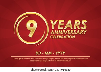 9th years anniversary celebration emblem. anniversary logo with ring and elegance of golden on red background, vector illustration template design for celebration greeting card and invitation card