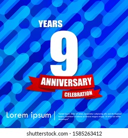 9th years anniversary celebration emblem. anniversary elegance logo with red ribbon on blue liquid abstract background, vector illustration template design for celebration greeting & invitation card