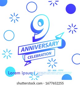 9th years anniversary celebration emblem. blue gradient anniversary logo with ribbon on Memphis style background, vector illustration template design for web, flyers, greeting card & invitation card