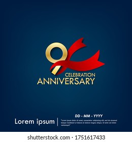 9th years anniversary celebration emblem. anniversary elegance golden logo with red ribbon on dark blue background, vector illustration template design for web, greeting card and invitation card