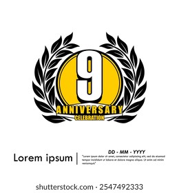 9th years anniversary celebration emblem. anniversary logo isolated with laurel wreath on white background. vector illustration template design for web, flyers, poster, invitation card, greeting card