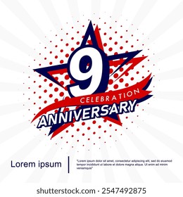 9th years anniversary celebration emblem. anniversary star logo isolated with red ribbon and star. vector illustration template design for web, flyers, poster, invitation card, greeting card
