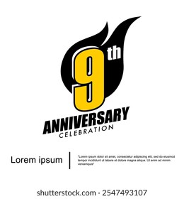 9th years anniversary celebration emblem. anniversary logo isolated with sparks - fireball on white background. vector illustration template design for web, flyers, poster, greeting card