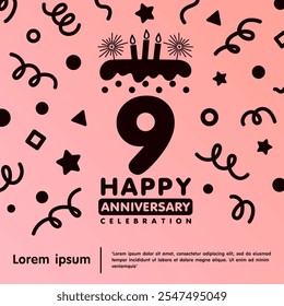 9th years anniversary celebration emblem. Happy anniversary logo isolated birthday cake and candle with confetti line doodle. vector illustration template design for web, flyers, poster, greeting