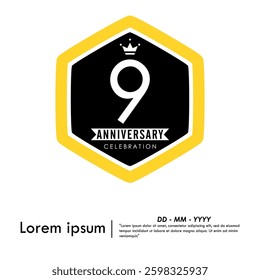 9th years anniversary celebration emblem. hexagon anniversary logo with ribbon. medal badge frame on white background. vector illustration template design for web, flyers, poster, greeting card 