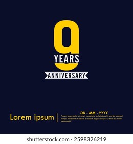 9th years anniversary celebration emblem. anniversary logo isolated with white ribbon on dark blue background. vector illustration template design for web, flyers, poster, greeting card 