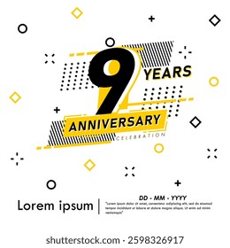 9th years anniversary celebration emblem. anniversary logo isolated with geometric badge on white background. vector illustration template design for web, flyers, poster, invitation or greeting card