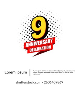 9th years anniversary celebration emblem. anniversary logo isolated with red ribbon on white background. vector illustration template design for web, flyers, poster, greeting card, invitation card 