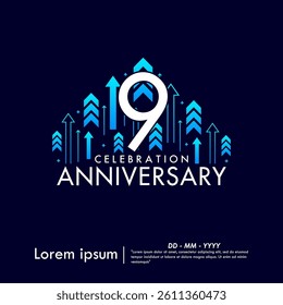 9th years anniversary celebration emblem. anniversary logo isolated with arrows up to target on dark blue background. vertical line. vector illustration template design