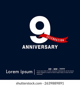 9th years anniversary celebration emblem. elegant anniversary logo isolated with red ribbon on dark blue background. vector illustration template design for web, flyers, poster, invitation card