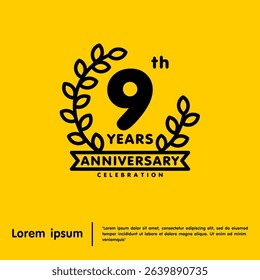 9th years anniversary celebration emblem. anniversary logo isolated with laurel wreath and ribbon on yellow background. vector illustration template design for web, flyers, poster, greeting card