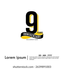 9th years anniversary celebration emblem. modern anniversary logo isolated with infinity circle ribbon on white background. vector illustration template design for web, flyers, poster, greeting card