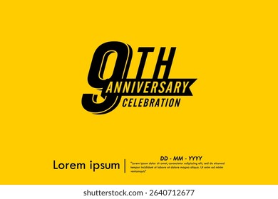9th years anniversary celebration emblem. black logo isolated with ribbon on yellow background. vector illustration template design for web, flyers, poster, greeting card and invitation card