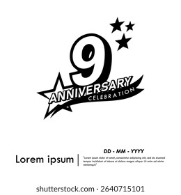9th years anniversary celebration emblem. black anniversary logo isolated with ribbon and stars on white background. vector illustration template design for web, flyers, poster, greeting card