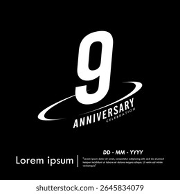 9th years anniversary celebration emblem. congratulations anniversary logo isolated with oval ring. black and white tone. vector illustration template design for web, flyers, poster, greeting card
