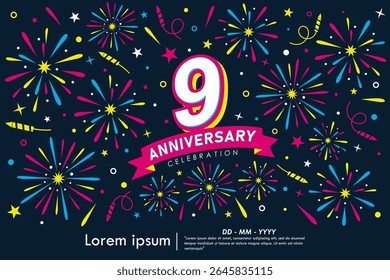 9th years anniversary celebration emblem. congratulations anniversary logo isolated with colorful fireworks and stars sparkle and ribbon. vector illustration template design for web banner