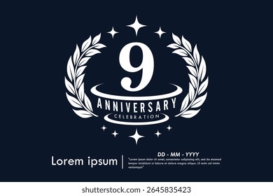 9th years anniversary celebration emblem. congratulations anniversary logo isolated with laurel wreath and stars on Black background. vector illustration template design for web banner