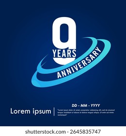 9th years anniversary celebration emblem. elegant anniversary logo isolated with blue oval ring on dark blue background. vector illustration template design for web, flyers, poster, greeting card