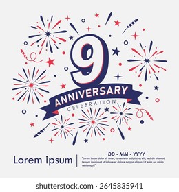 9th years anniversary celebration emblem. anniversary logo isolated with fireworks and stars sparkle and ribbon. vector illustration template design for web, flyers, poster, greeting card
