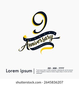 9th years anniversary celebration emblem. elegant anniversary logo isolated with ribbon on white background. vector illustration template design for web, flyers, poster, greeting card