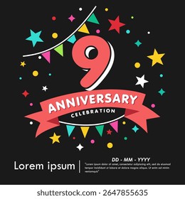 emblème de la célébration du 9e anniversaire. logo d'anniversaire isolé avec des étoiles colorées et un drapeau et un ruban de bruant. template d'illustration vectorielle design pour web, flyers, poster, carte d'invitation