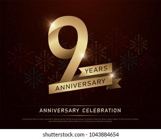 9th years anniversary celebration gold number and golden ribbons with fireworks on dark background. vector illustration