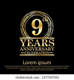 9th years anniversary celebration. anniversary logo with golden ring elegant isolated on black background,vector illustration template design for celebration, invitation card, and greeting card