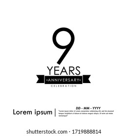 9th years anniversary celebration logo isolated with ribbon on black and white isolated, vector illustration template design for for web, flyers, leaflet, poster, invitation card or greeting card