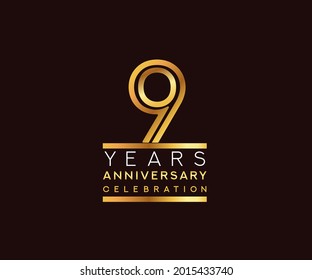 9th years anniversary celebration logotype. Anniversary logo with golden and silver color isolated on black background, vector design for celebration, invitation card, and greeting card