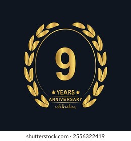 9th Years Anniversary celebration. Vector Template festive illustration Golden Color,. Birthday or wedding party event decoration.