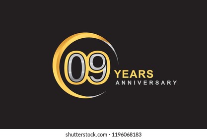 9th years anniversary golden and silver color with circle ring isolated on black background for anniversary celebration event