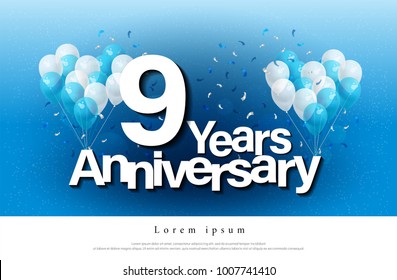 9th years anniversary greeting card lettering template with balloon and confetti. Design for invitation card, banner, web, header and flyer. vector illustrator