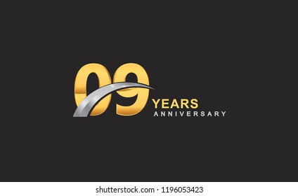 9th years anniversary logo with golden ring and silver swoosh isolated on black background, for birthday and anniversary celebration.