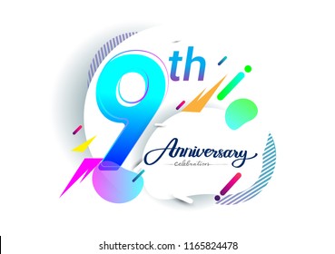 9th years anniversary logo, vector design birthday celebration with colorful geometric background, isolated on white background.